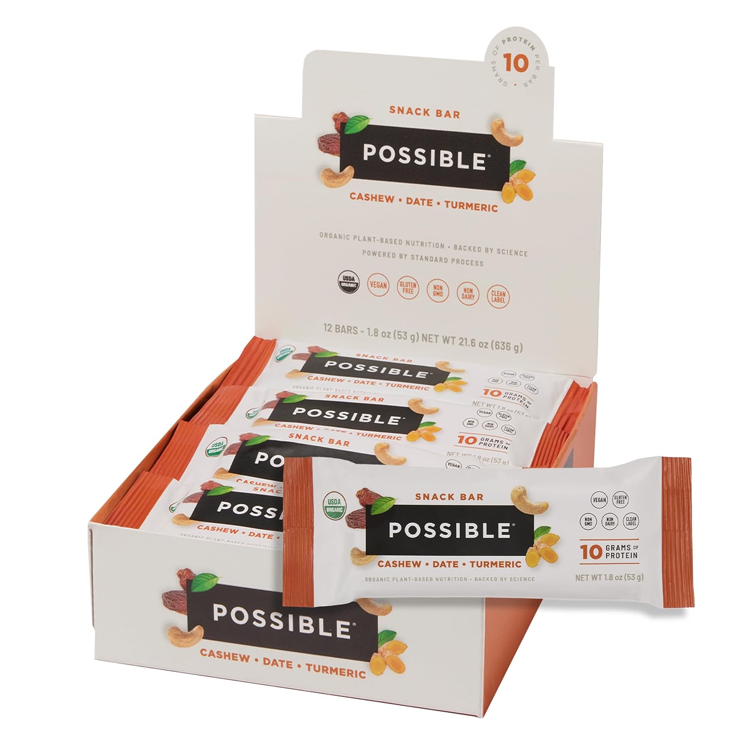 POSSIBLE Snack Bar - Whole Food Snack to Support a Healthy & Active Lifestyle - 10g of Organic Plant-Based Protein - Energy Support with Healthy Fats - Cashew Date Turmeric, 12 Count (Pack of 1)