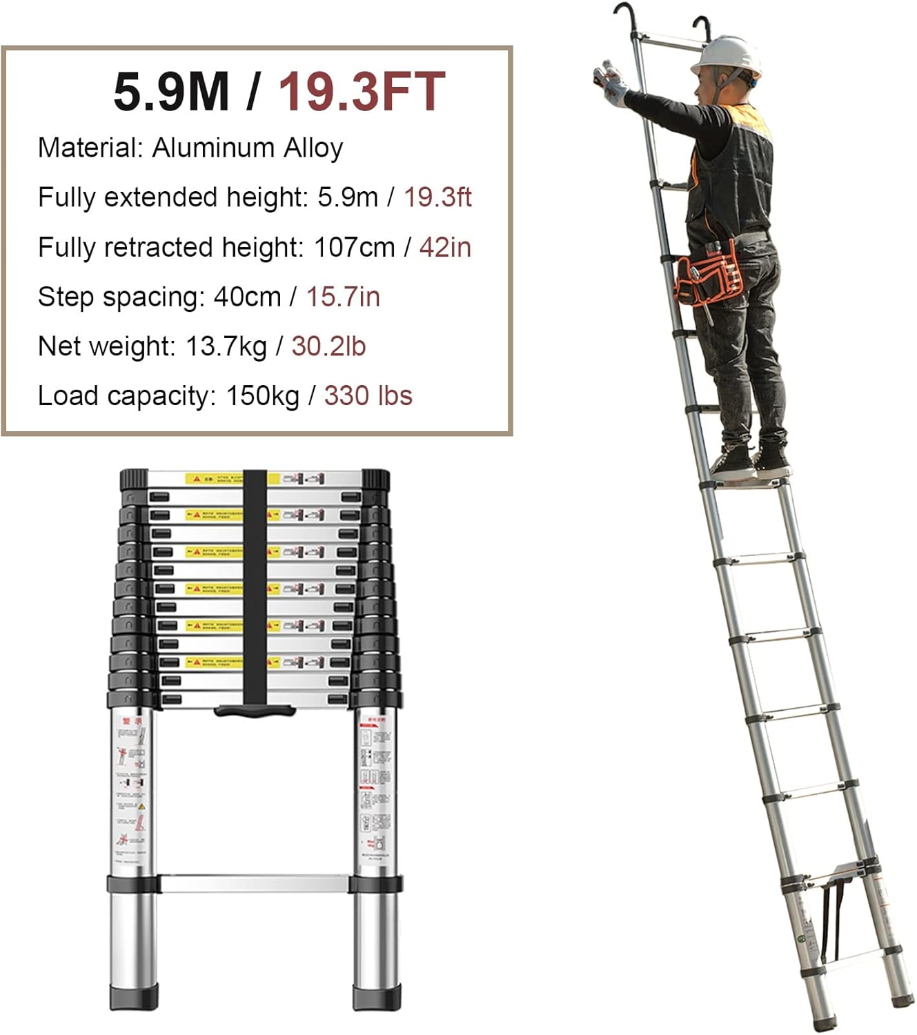 Telescopic Ladder Indoor/Outdoor Telescopic Ladder with Detachable Hooks, Lightweight Extension Telescoping Ladder for RV/Stairs/Loft, Aluminum Climbing Ladder