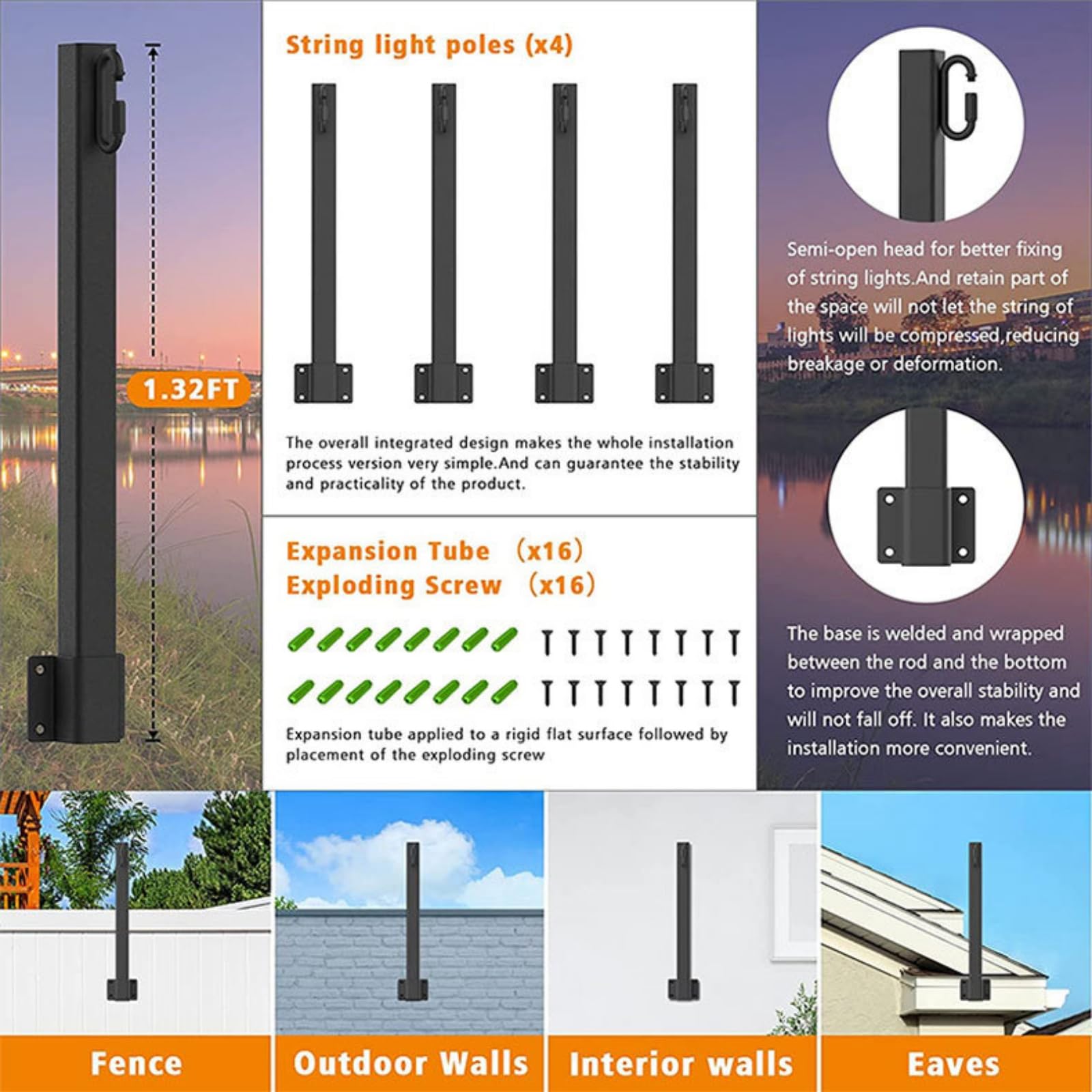 mumisuto Staffa Palo Supporto Lampione, 4 Pezzi Staffa Palo Supporto Lampione Faro Stradale per Esterno in Metallo Nero, per Faro LED Solare, Telecamere, per Appendere Catene Luminose