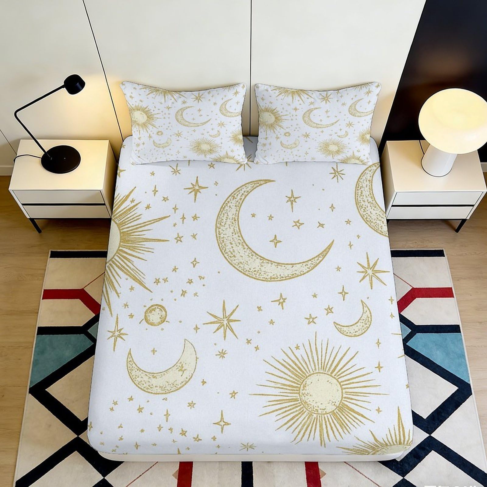 3D Printed Celestial Moon Star Fitted Sheet Microfiber Gold Sun Pattern Mattress Cover Bedroom Dorm Decor 120x200cm 200x200x25cm