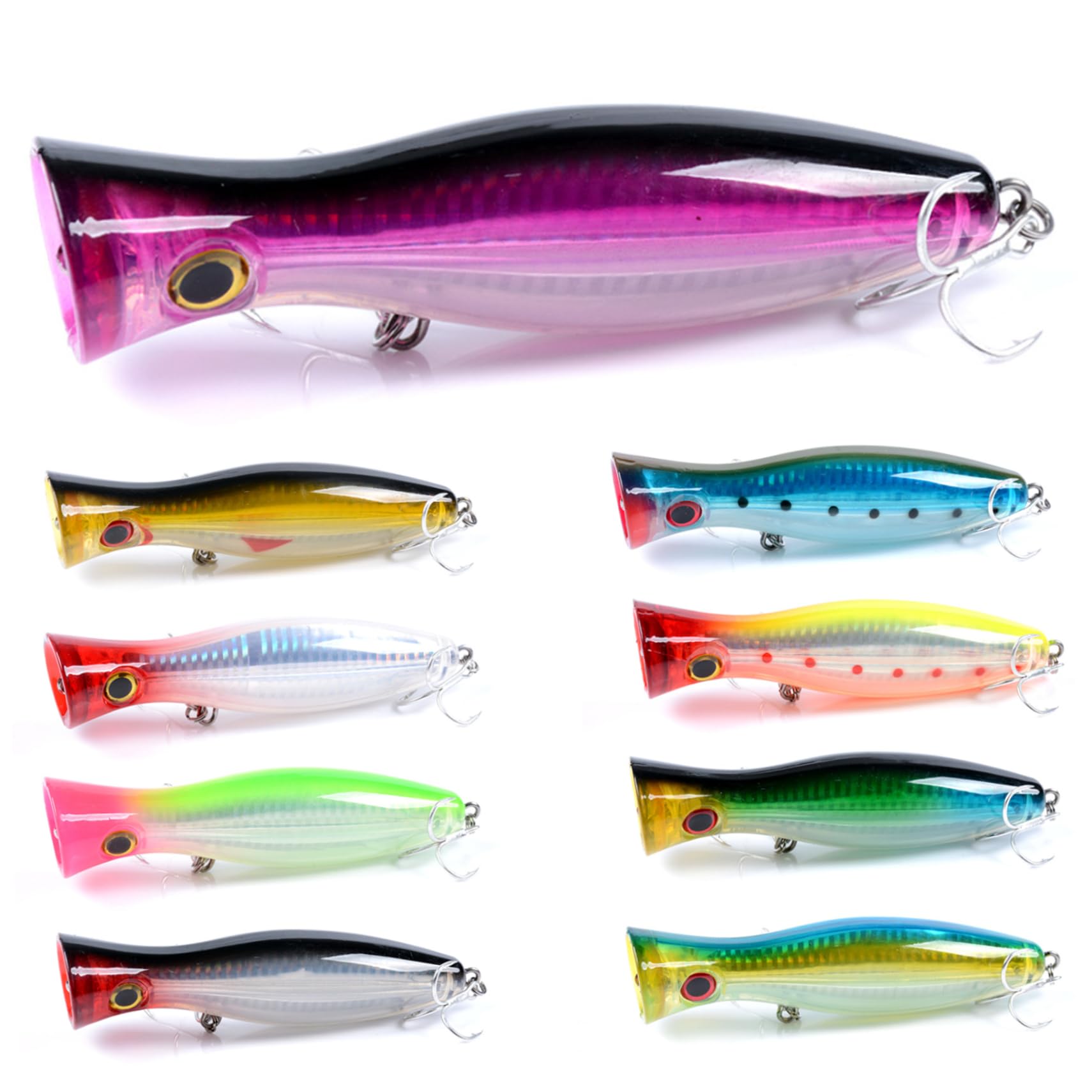 Leurres de pêche 9 pièces, Yeux 3D réalistes, appâts de pêche Popper avec hameçons triples, appâts Natation en Eau Douce et salée pour Thon, Bar, Requin