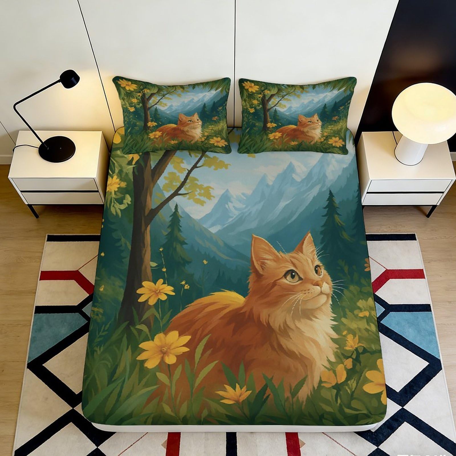 Pnayamiorkfel Style-5 3D Printed Orange Cat Forest Fitted Sheet Microfiber Soft Bedroom Decor Mountain View Mattress Cover 90X200x25cm