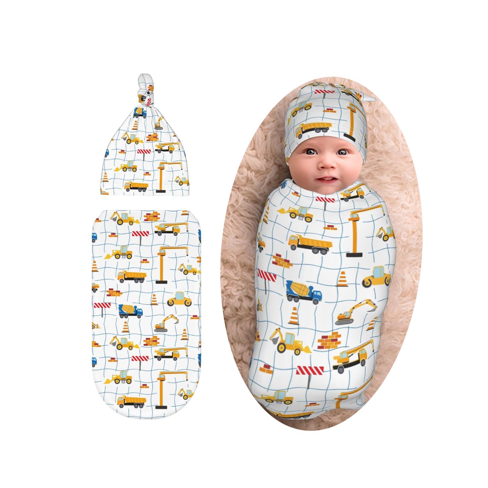 Construction Trucks Swaddle Blankets Beanie Hat Sets, Soft and Stretchy Excavator Blanket Swaddle for Baby Shower Infant Boy and Girl