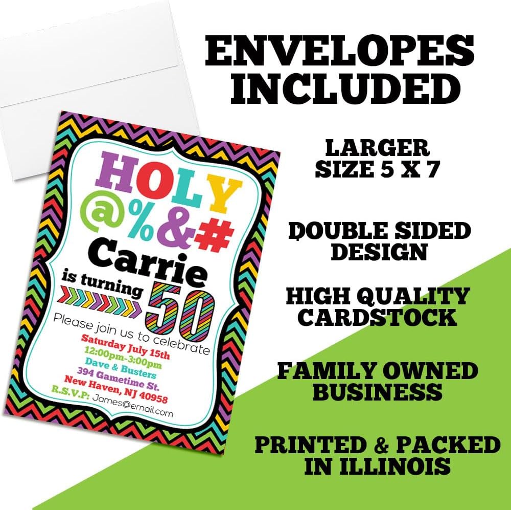 Custom Birthday Invitations 50th Birthday Invitation 30 5x7 Custom 50 Party Invitation Cards With Envelopes - Unique 50th Party Invitations Hilarious Holy &*$% Theme