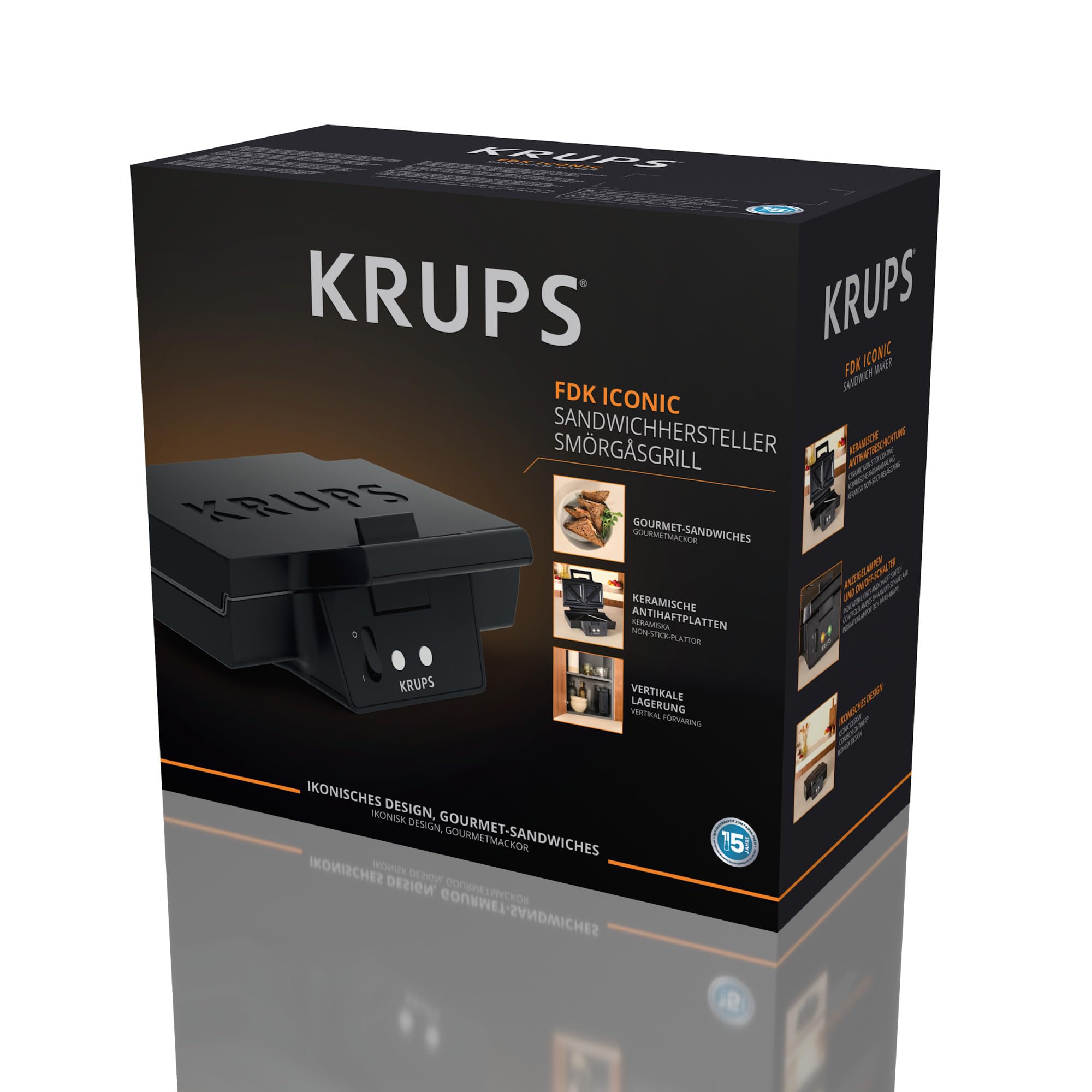 KRUPS FDK Iconic, Appareil à croque-monsieur, Design classique, Plaques antiadhésives en céramique, Croques gourmands, Rangement vertical facile, FDK461, Noir