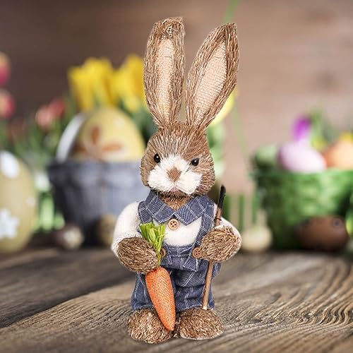 Miniatura 3 de DAHUANG Figura de conejo de paja de Pascua, conejo de paja de pie, estatua de conejo de Pascua, modelo de animal artificial de escritorio de