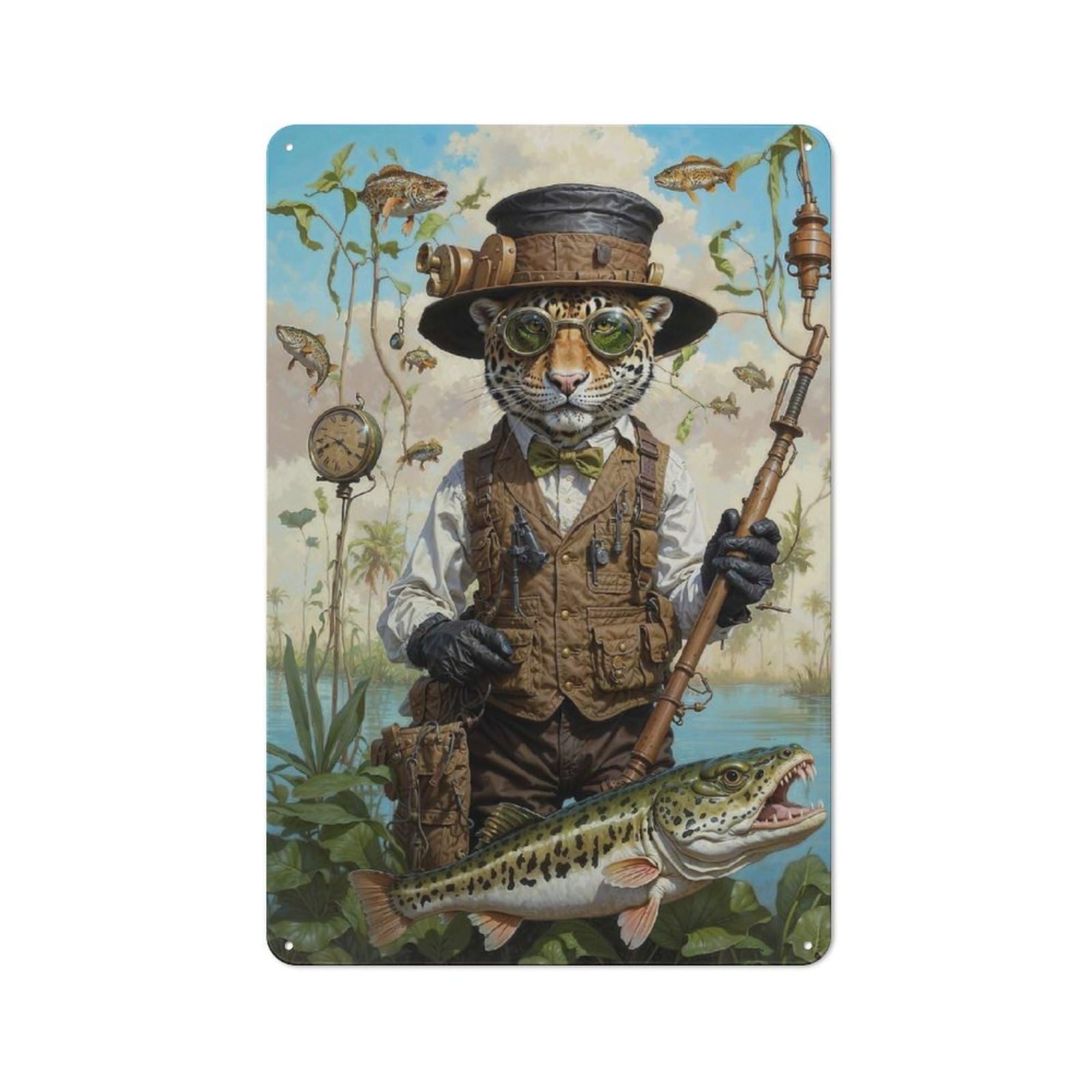 Junmoney Chill Jaguar Gone Fishing Vintage Metal Plaque 30X20cm, Diner Style Decor For Coffee Bar, Kitchen, Bistro Or Tea Corner