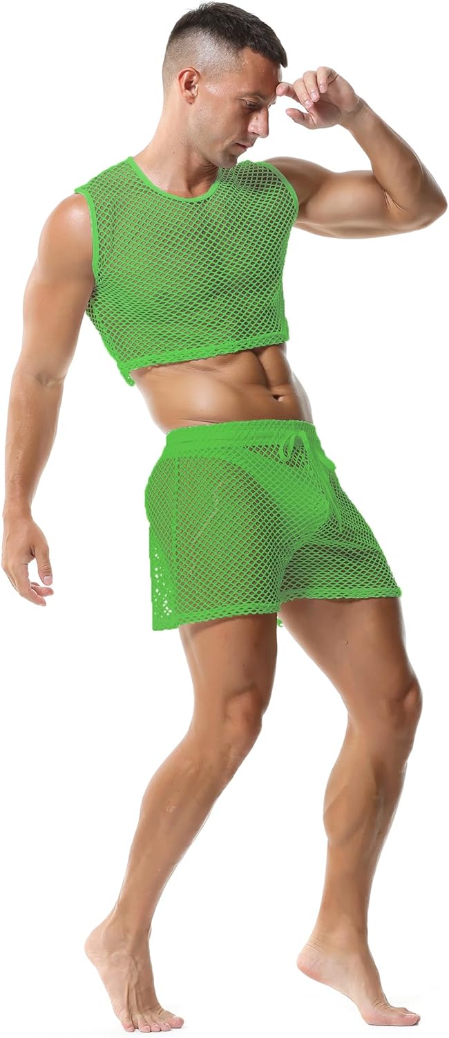 Mens Fishnet Boxer Shorts See Through Mesh Loose Shorts Lounge Underwear Boxer Trunks - Image 6