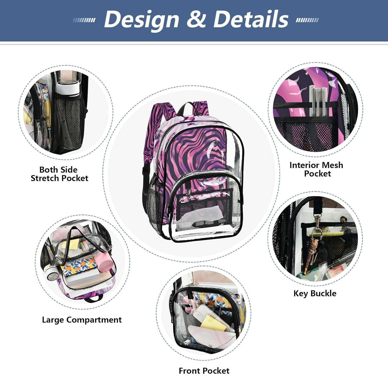 Zebra Print Clear Backpack Heavy Duty See Through Transparent PVC BookBag for Kids Boy Girl Adult School Work