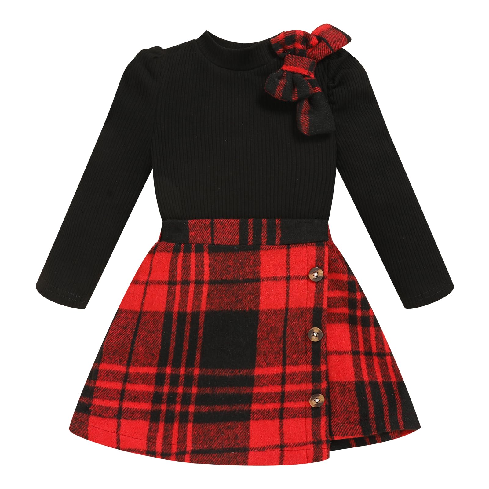 Toddler Girl Plaid Outfits Fall Winter Dress Knit Ribbed Bow Sweatshirt Tops and Button Fashion Skirts Set