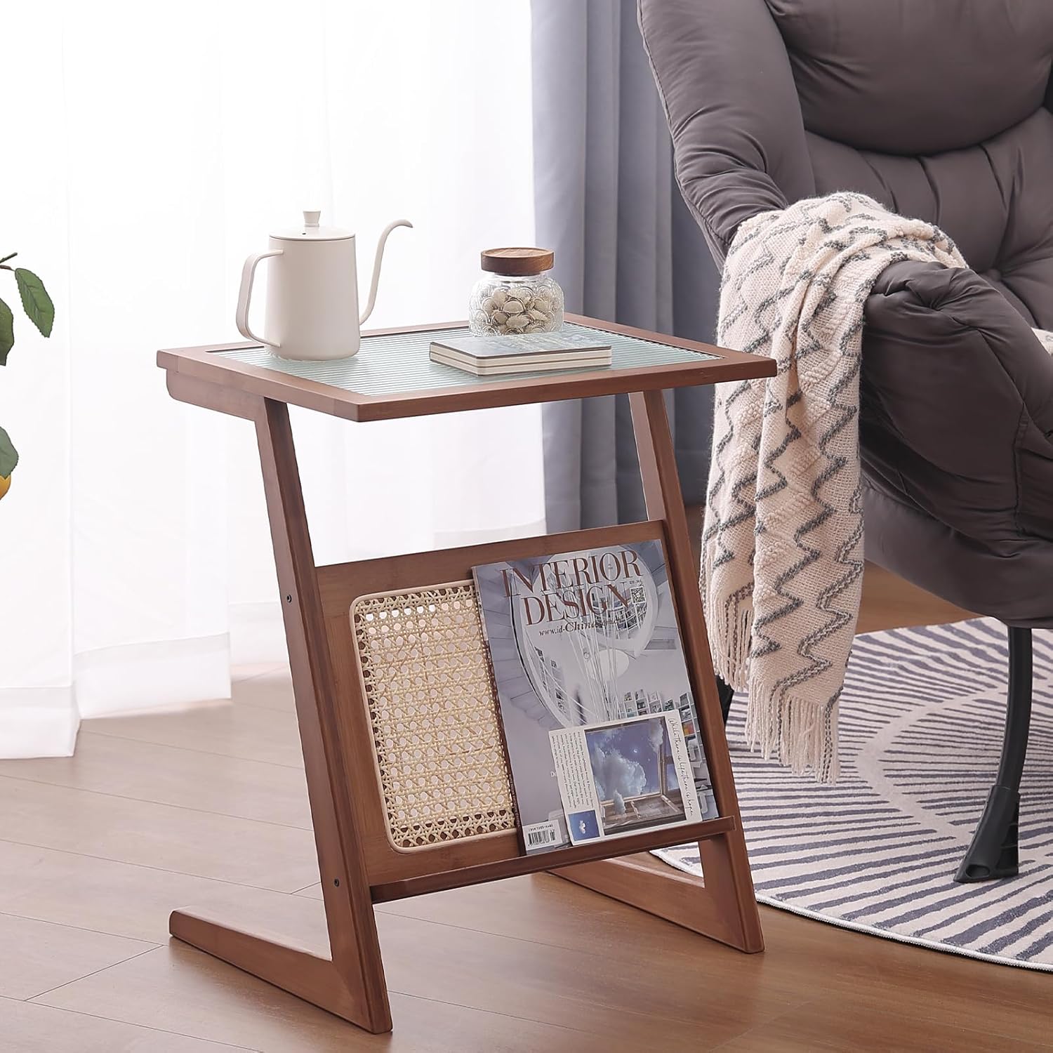 LITA Rattan Side Table, Z Shape Mid Century End Table Modern Bamboo Accent Bedside Nightstand Tables with Magazine Rack Glass-top Boho Table for Bedroom Living Room, Walnut, Small Small Z-shape Walnut Bamboo