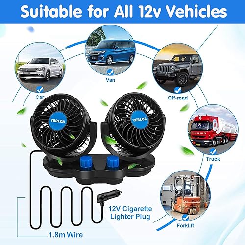 Miniatura 4 de Yerloa Ventilador de coche eléctrico de 12 V, ventilador portátil para automóvil, doble cabeza, rotación de 360 grados, ventilador de aire de