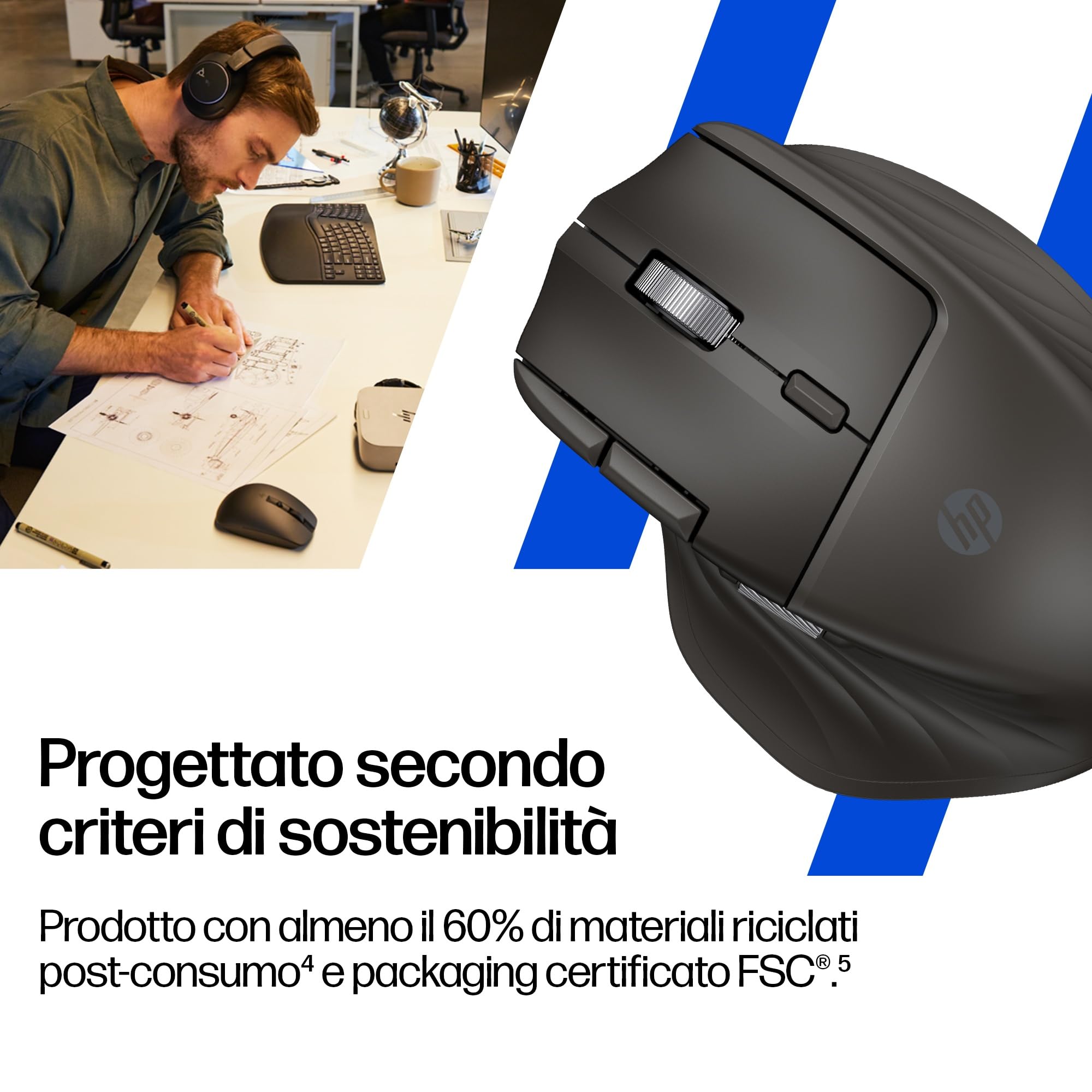 HP 780M Mouse Wireless Ergonomico con Scorrimento Ultra Rapido, Nero | Supercondensatore Ricaricabile, 6K Dpi, Bluetooth, Multi-Dispositivo, Compatibile con Windows e Mac