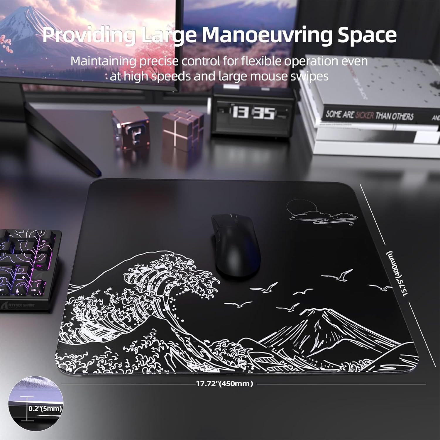 Attack Shark CM05 Contour Glass Gaming Mousepad,Nano-Micro-Etched Texture,Smooth Glass Surface,High Accuracy,Fast-Moving,Anti-Scratch, PU Leather Super Non-Slip Base,Large Size(450×400mm),Black Waves
