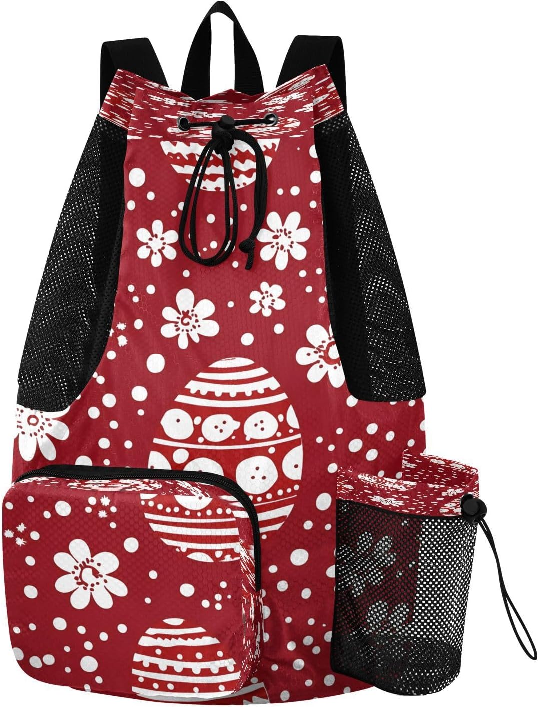Mesh Gym Swimming Bags for Men & Women, Happy Easter Floral Eggs Large Drawstring Backpack with Dry-Wet Pocket, Lightweight Gym Bag for Sports, Travel, Beach, Workout Gear