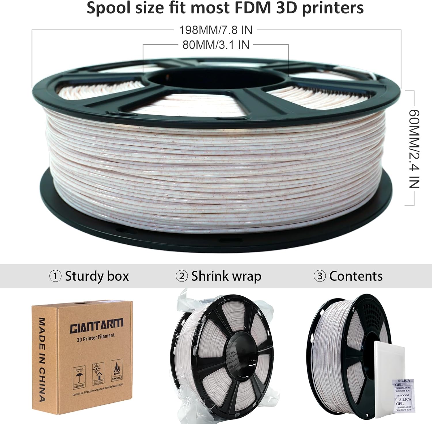GIANTARM 3D Printer Filament 1.75mm,Marble White-Brown Stone Color PLA Filament 1kg(2.2lbs), Dimensional Accuracy +/- 0.02 mm,Fits for Most FDM 3D Printers