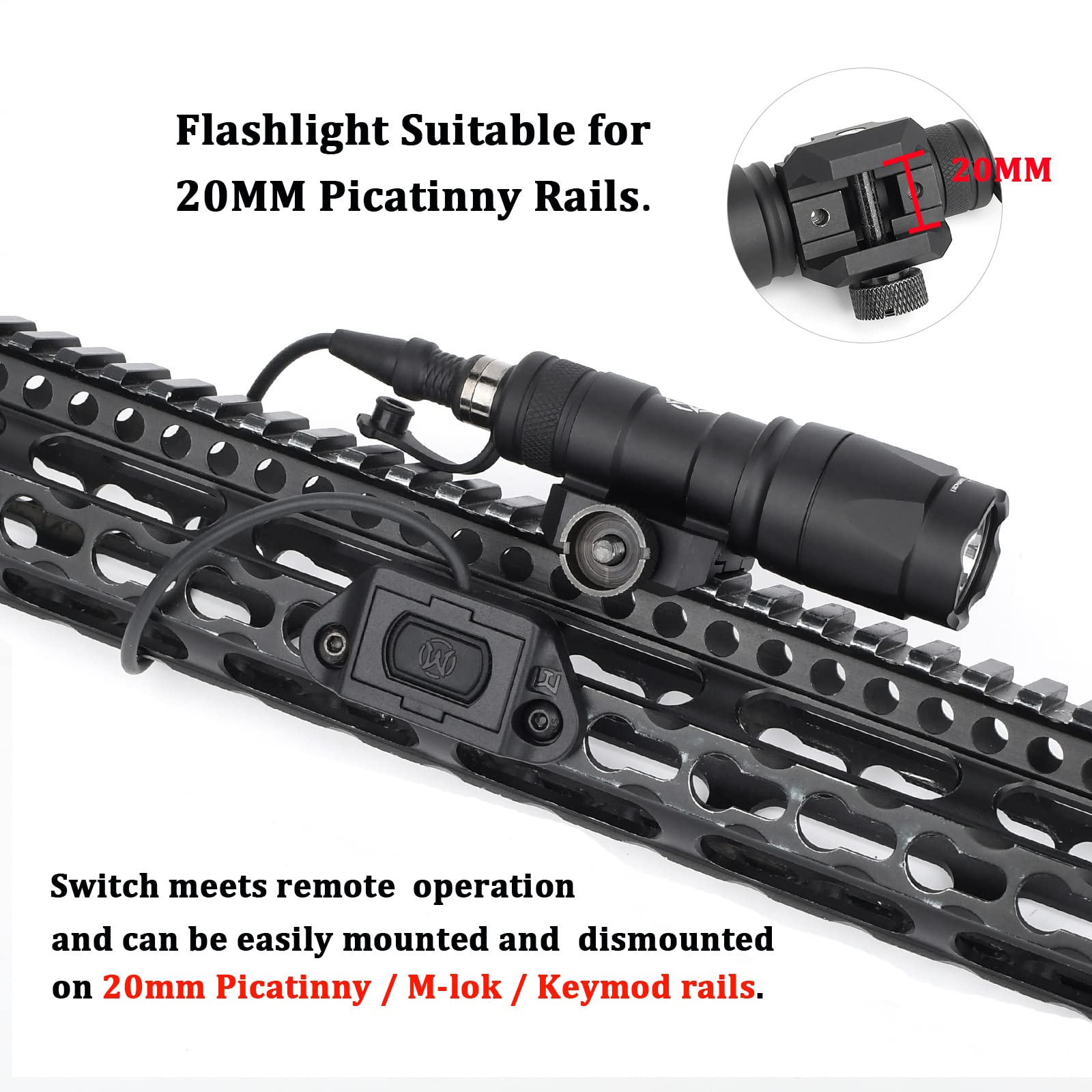 M300A Lampe de poche tactique avec interrupteur de coussin de pression, lampe de reconnaissance de 600 lumens pour le système ferroviaire Mlok Keymod 20 mm Picatinny (Noir)