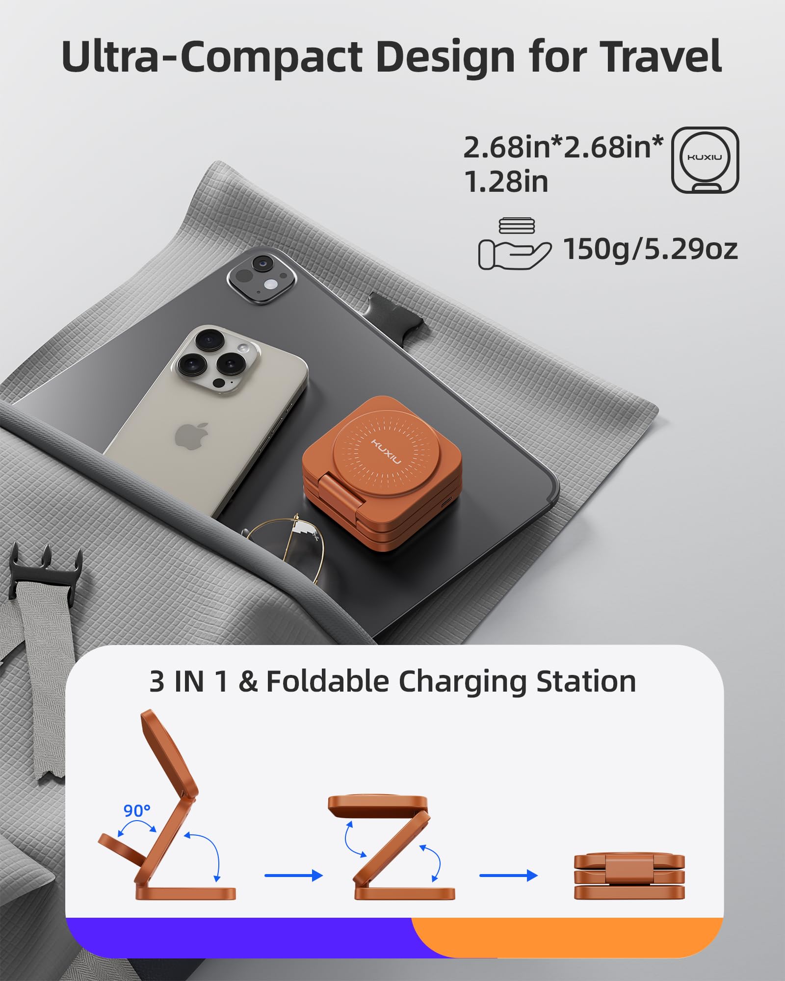 KU XIU X55 Turbo Ladestation für Apple Watch und iPhone, Qi2.2 25W | Faltbar 3 in 1 Ladestation für Magsafe, für iPhone 17-12/Watch/AirPods, Reise Magnetisches Ladegerät Ständer, 45W-Netzteil