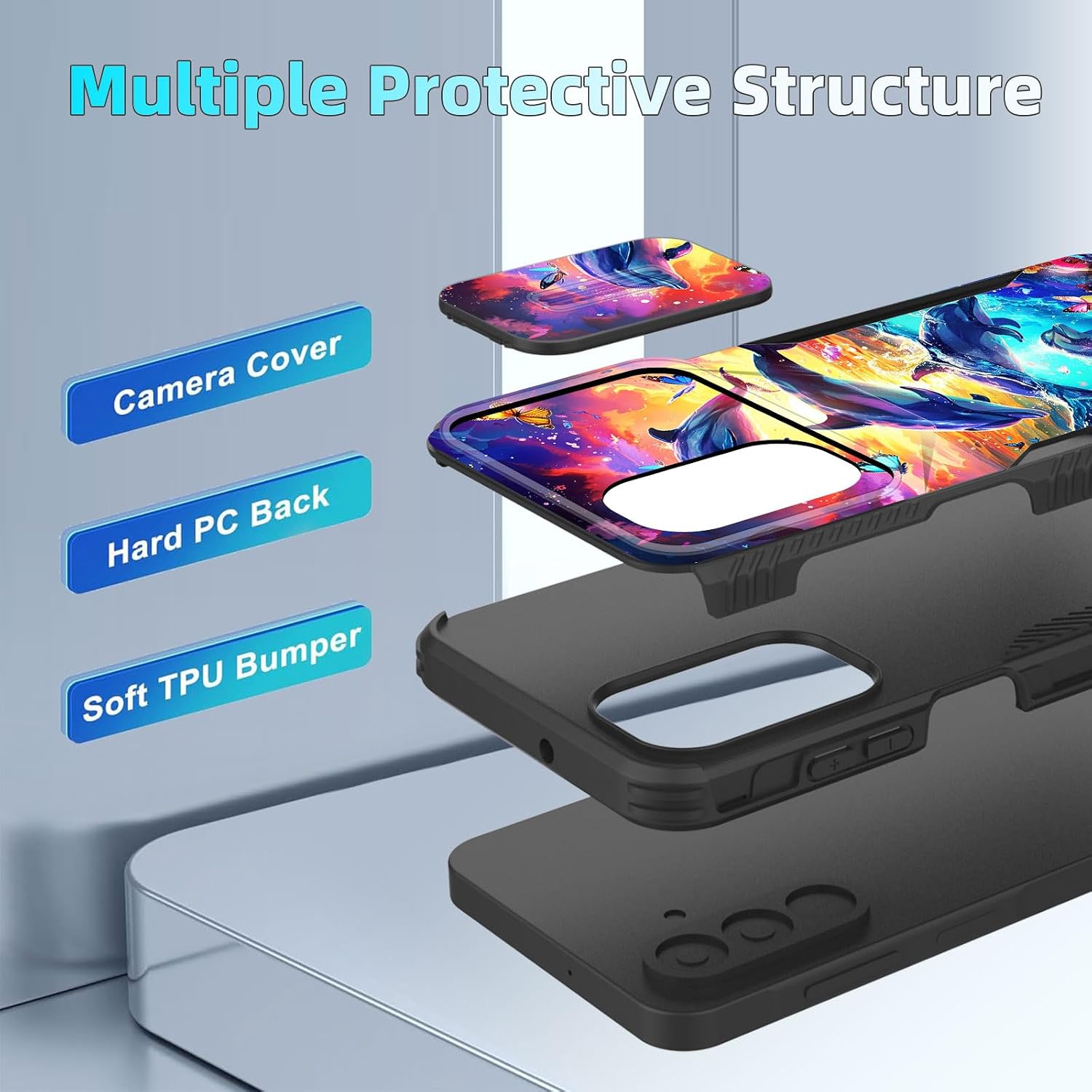 for Galaxy A17 5G Case Built in Slide Camera Lens Cover,Heavy Duty Shockproof Protection Dual Layer Case for Samsung Galaxy A17 5G 6.7" 2025,Dolphins and Butterflies image 4