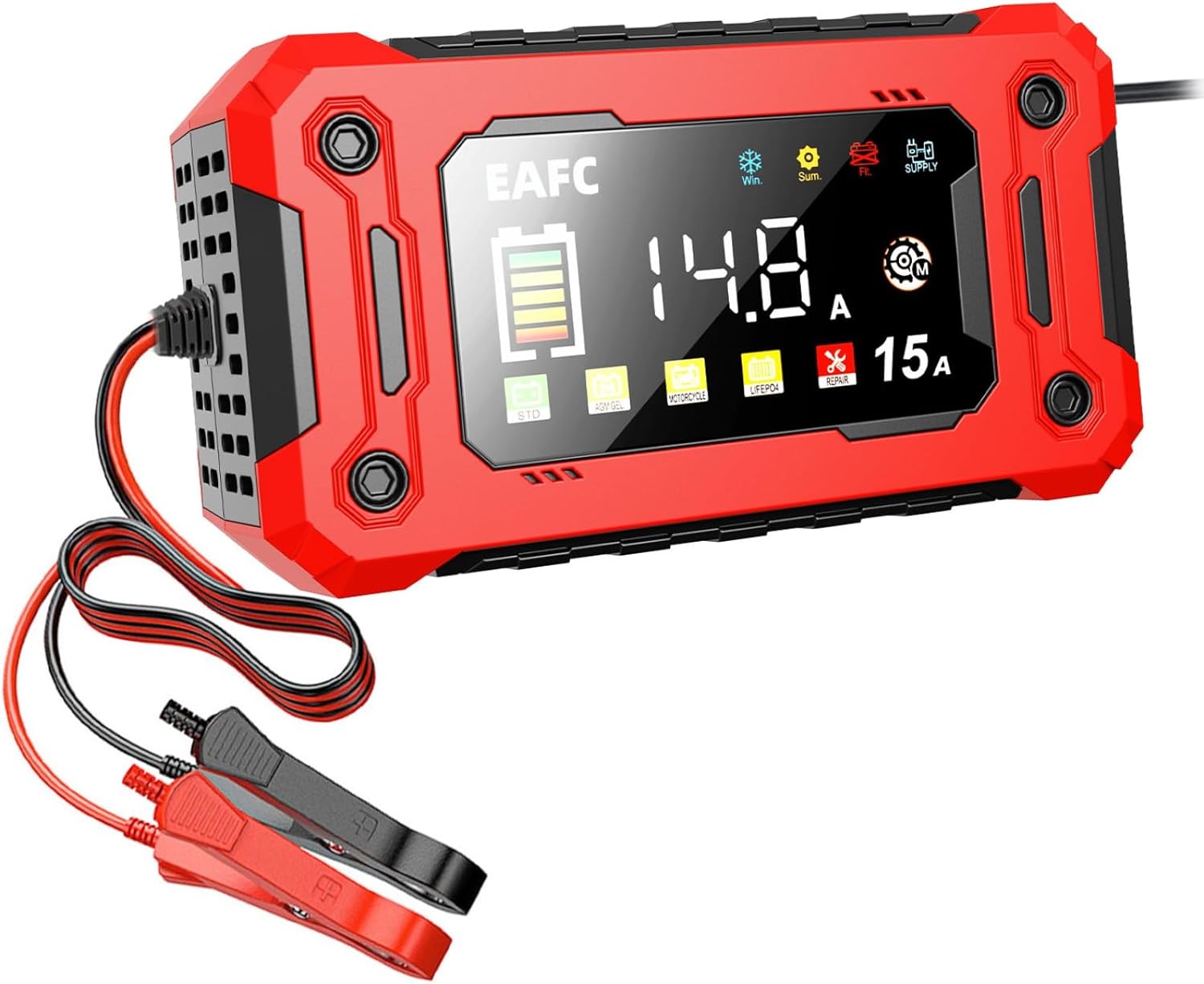 Front view of the EAFCAuto 12V/24V 15A Battery Charger with its display showing '14.8A' and '15A', and alligator clips connected.