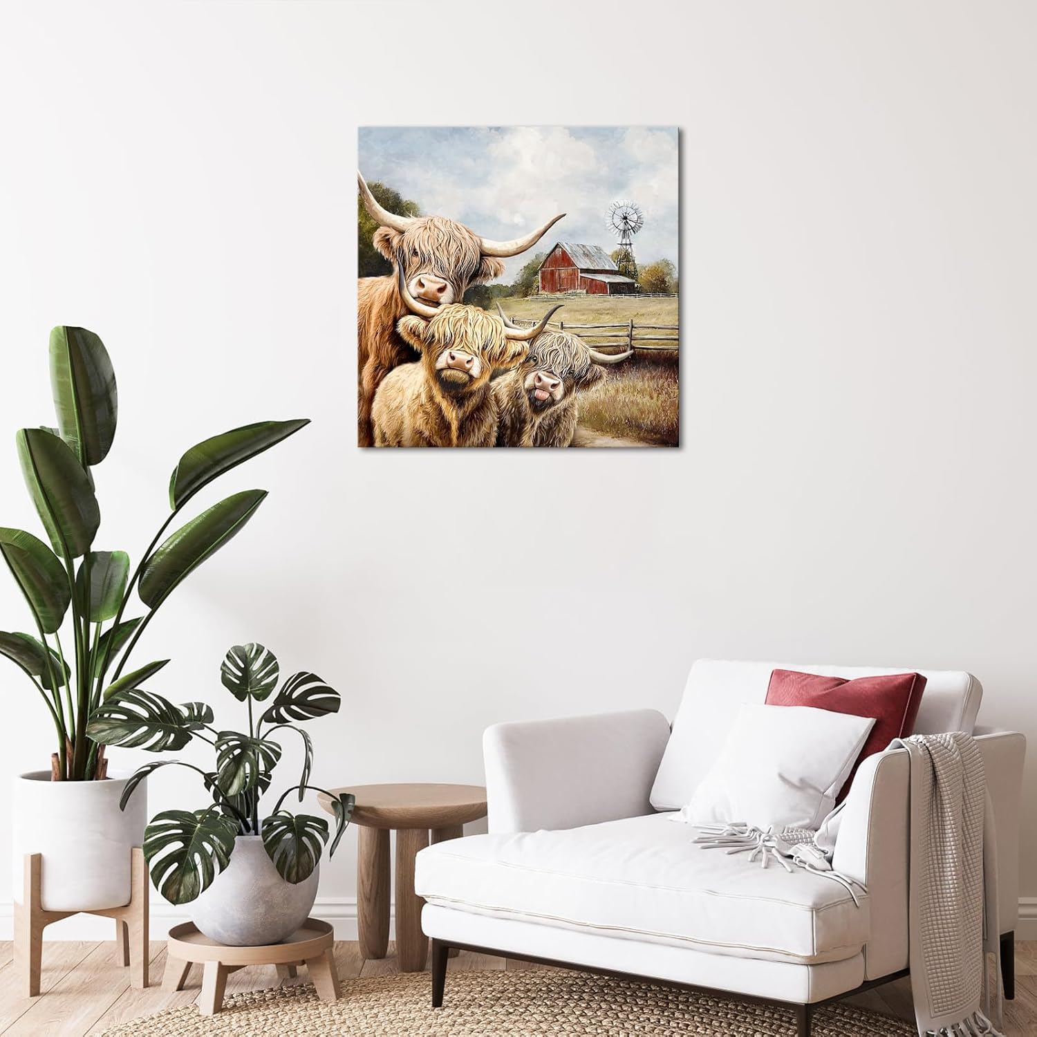 Visual Art Decor Highland Cow Decor Cow Painting Picture Rustic Farmhouse Barn Windmill Wall Art Prints, 24x24inch Framed Ready to Hang