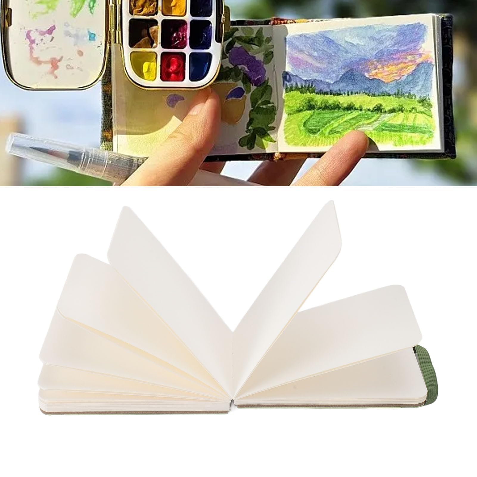 Szkicownik Akwarelowy, 30 Arkuszy, Twarda Oprawa, 14 x 9 cm, 300g/m², Zielony Notes do Rysowania, Malowania i Szkicowania