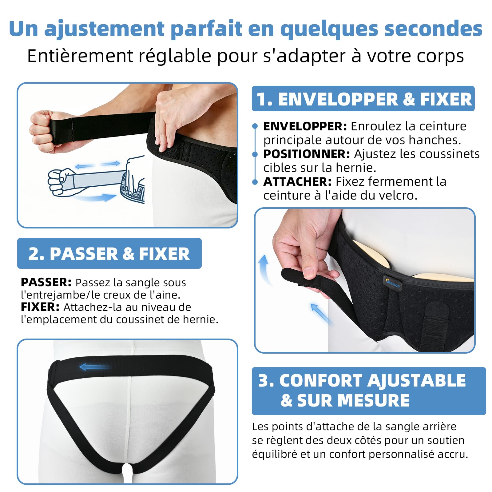 Tenbon Ceinture herniaire pour homme et femme Ceinture herniaire réglable flexible Soutien herniaire Soulagement de la douleur avec 2 coussinets de compression amovibles Hernie gauche et droite (M)