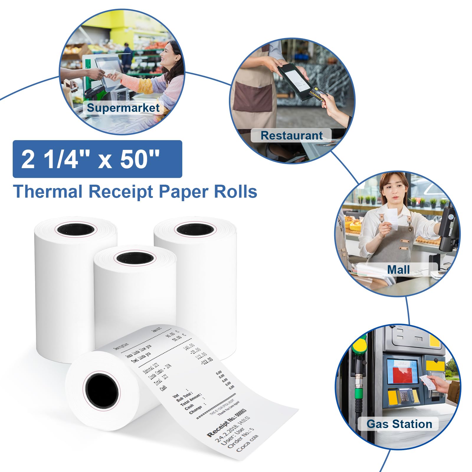 Rollos de papel térmico para recibos de 2 1/4 pulgadas x 50 pies, sin BPA, 50 rollos