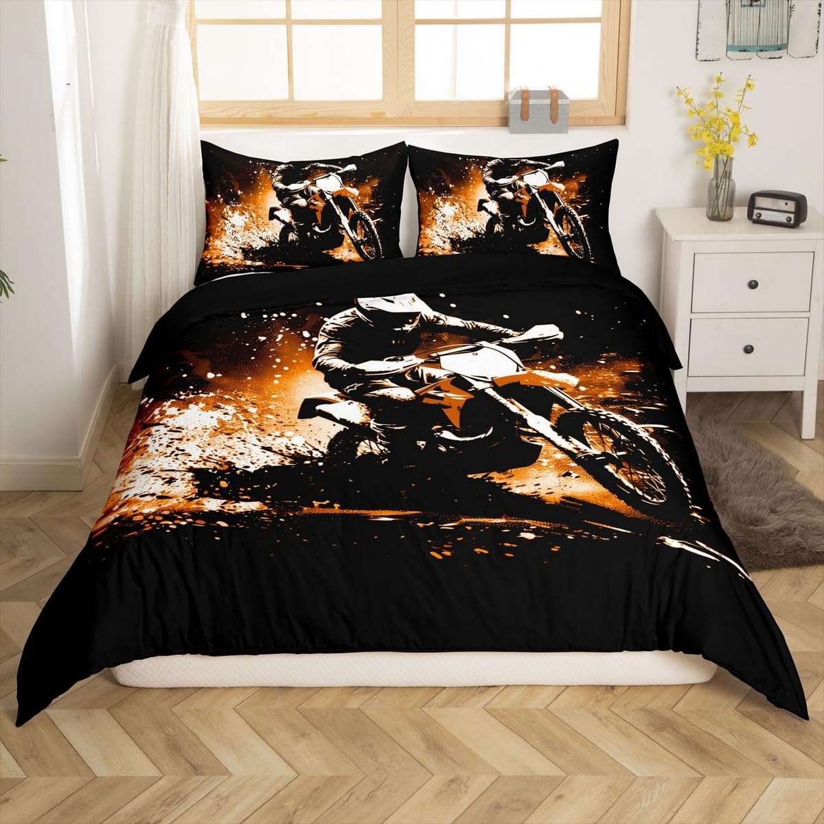 jejeloiu Dirt Bike Duvet Cover Toddler Size Motorbike Bedding Set Extreme Sports Comforter Cover Breathable Soft Lightweight Microfiber Fashion Motorcycle Cool Motocross Bedroom Decor,No Comforter