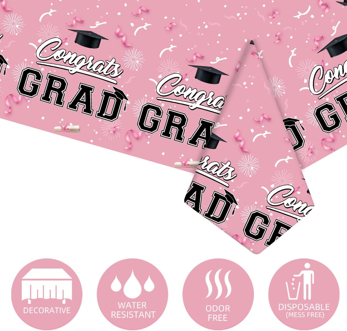 Graduation Tablecloths Graduation Party Table Decorations Waterproof Plastic Rectangular Disposable Table Cover for Congrats Grad Party Supplies 3PCS 54x108 Inch (Pink)