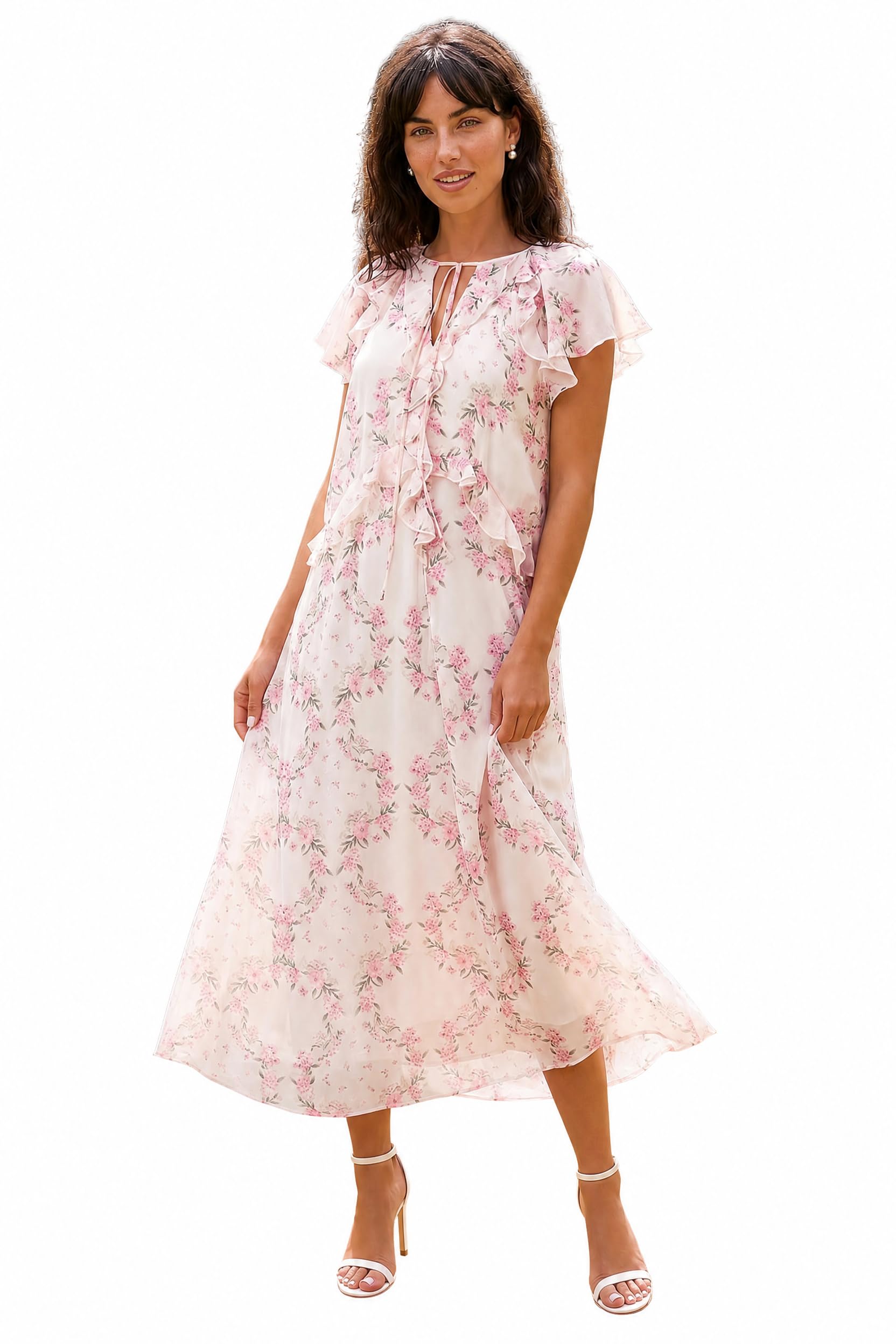 Roman Originals Women's Light Pink Frill Tie Neck Maxi Dress For Uk - Everyday Holiday Spring Summer V-Neckline Comfy Soft Evening Vacation Work Party - Size 18