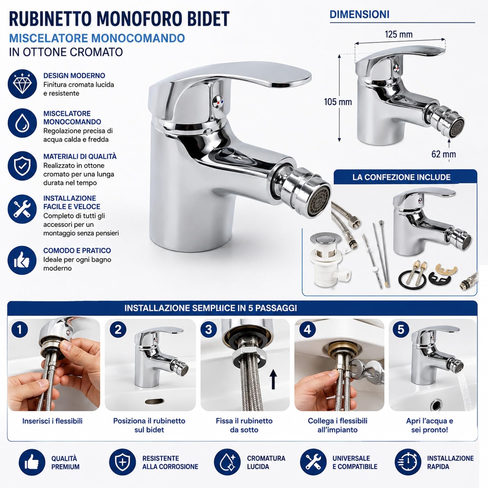 Rubinetto Monoforo Bidet Miscelatore Monocomando Bagno in Ottone Cromato | Design Moderno, Facile da Installare, Alta Resistenza, Finitura Elegante 52330A