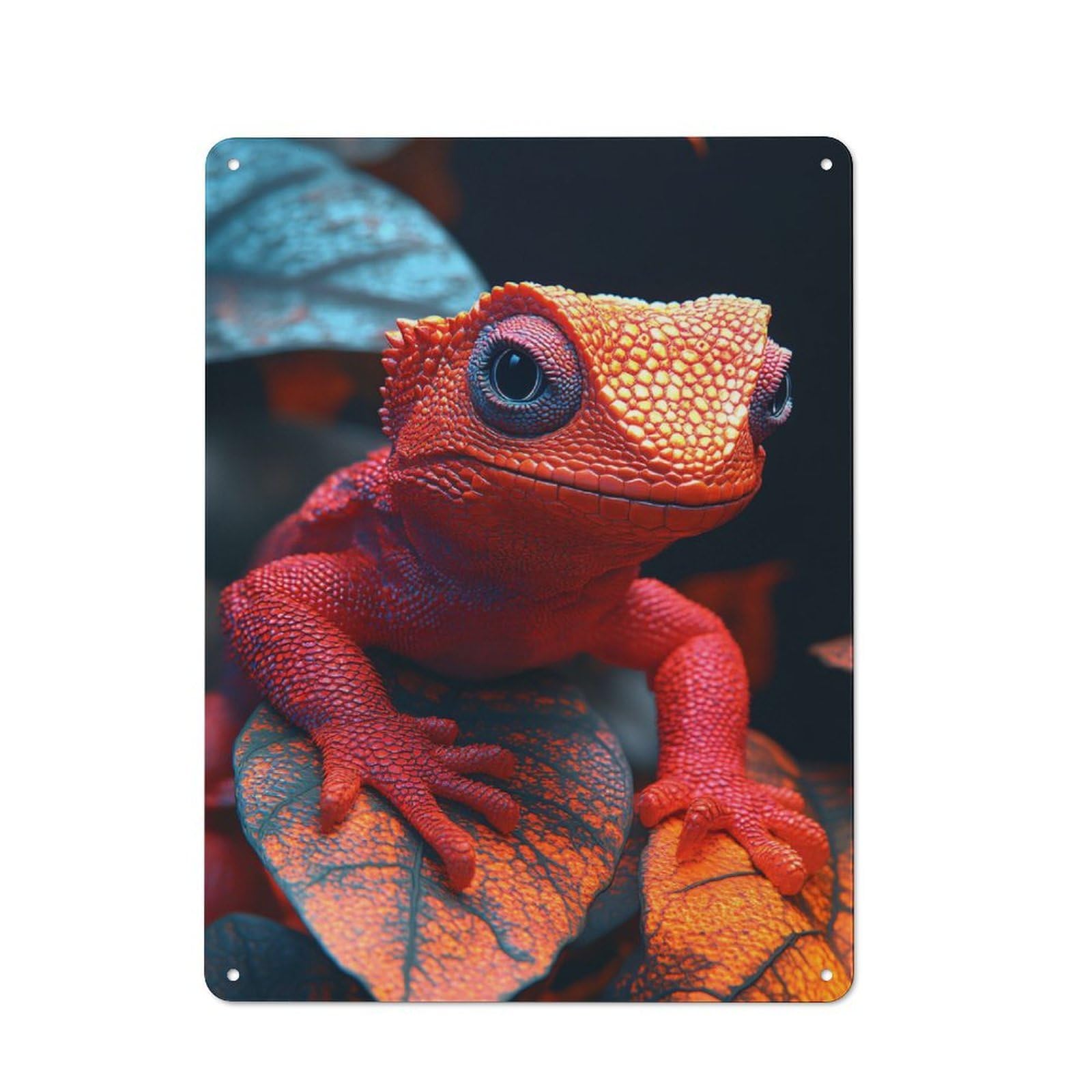 Junmoney Style-23 Rustic Red Lizard Portrait On Leaves Tin Wall Plaque 40X30cm, Rustic Kitchen Decor For Cottage, Kitchen, Hallway Or Breakfast Nook