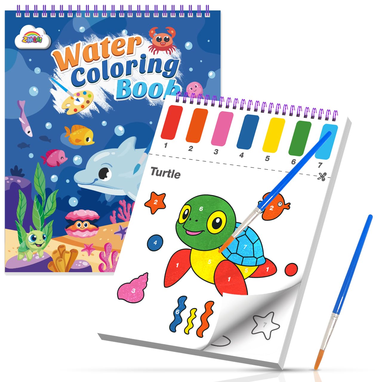 ZMLM Dipingi con Libro da Colorare ad Acqua per Bambini Piccoli, Libro di Pittura ad Acquerello con Pennello, Libro Magico da Colorare Acqua per Bambini 3 4 5 6 7 8 Anni - Animali Marini