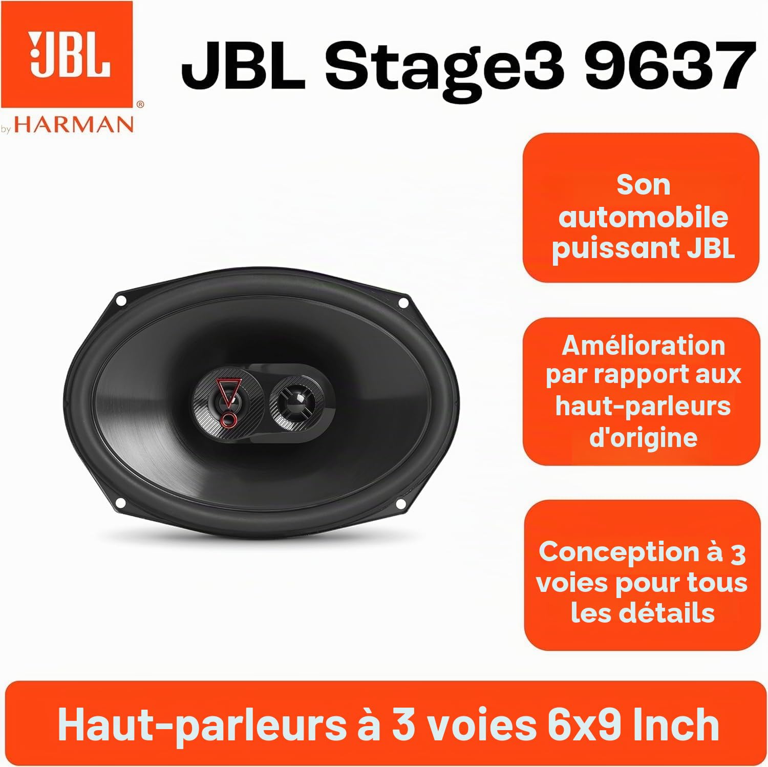 JBL Stage3 9637F - Ensemble Haut Parleur à 3 Voies de Harman Kardon sans Grille - Enceinte Voiture de 375 Watts Boîte Ovale Large 6" x 9" (152 mm x 230 mm)
