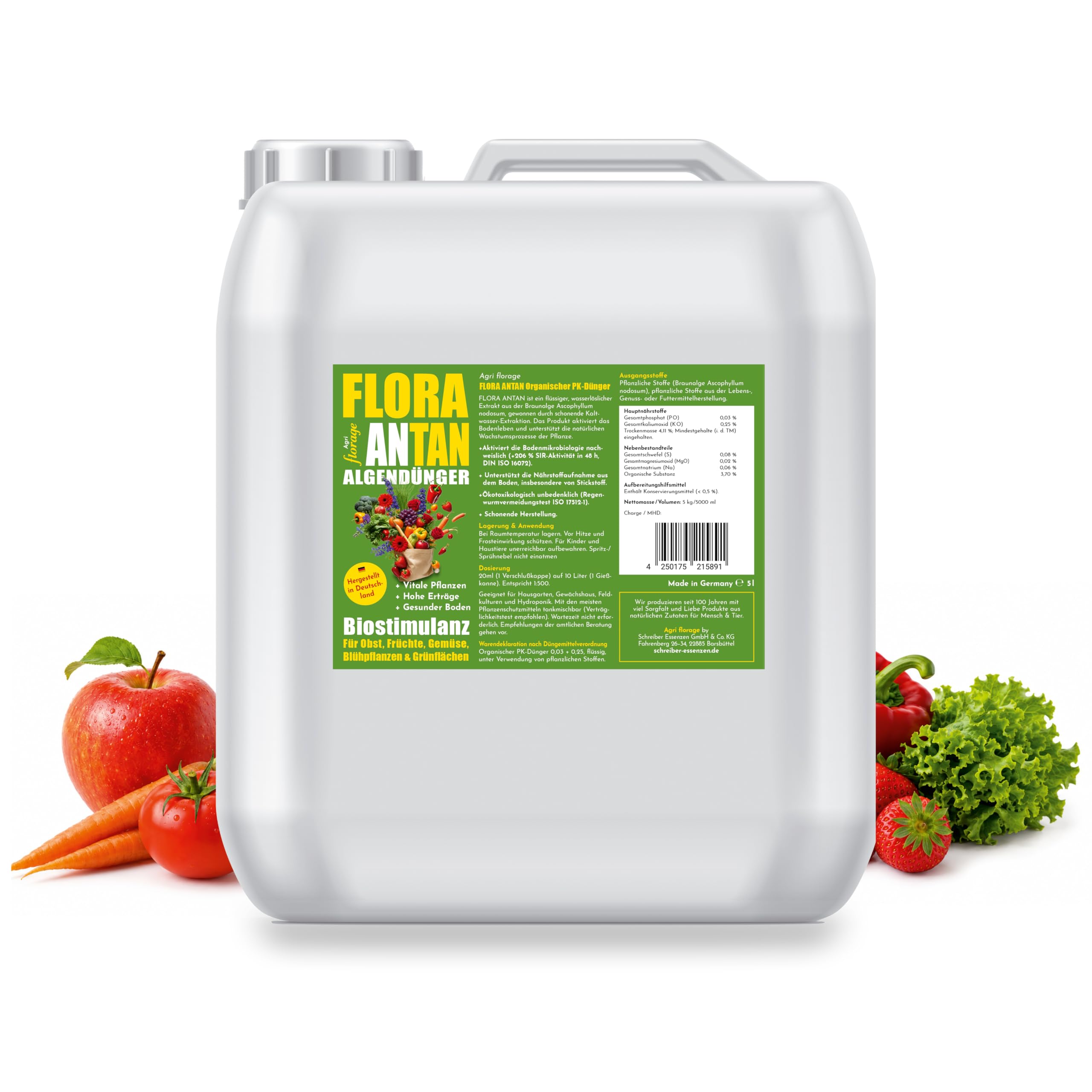 Flora Antan Algendünger Biostimulanz 5 L Universaldünger flüssig | Dünger für Obst, Gemüse, Bäume & Pflanzen aller Art, fördert kräftiges Wurzelwachstum, Made in Germany, 2500 L Gießlösung