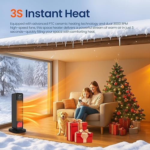 Miniatura 3 de Calentador de espacio para interiores, soplador eléctrico de aire caliente de 1500 W con llama 3D y oscilación de 70°, calentador de cerámica