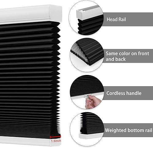 Miniatura 6 de Changshade Persianas negras para ventanas, persianas celulares inalámbricas, opacas de panal, plisadas, para oscurecer la habitación, para el hogar,