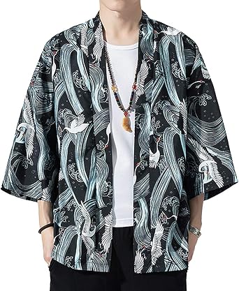 Hotmiss Mens Kimono Cardigan Jacket Japanese Style Flying Crane Seven Sleeves Open Front Coat