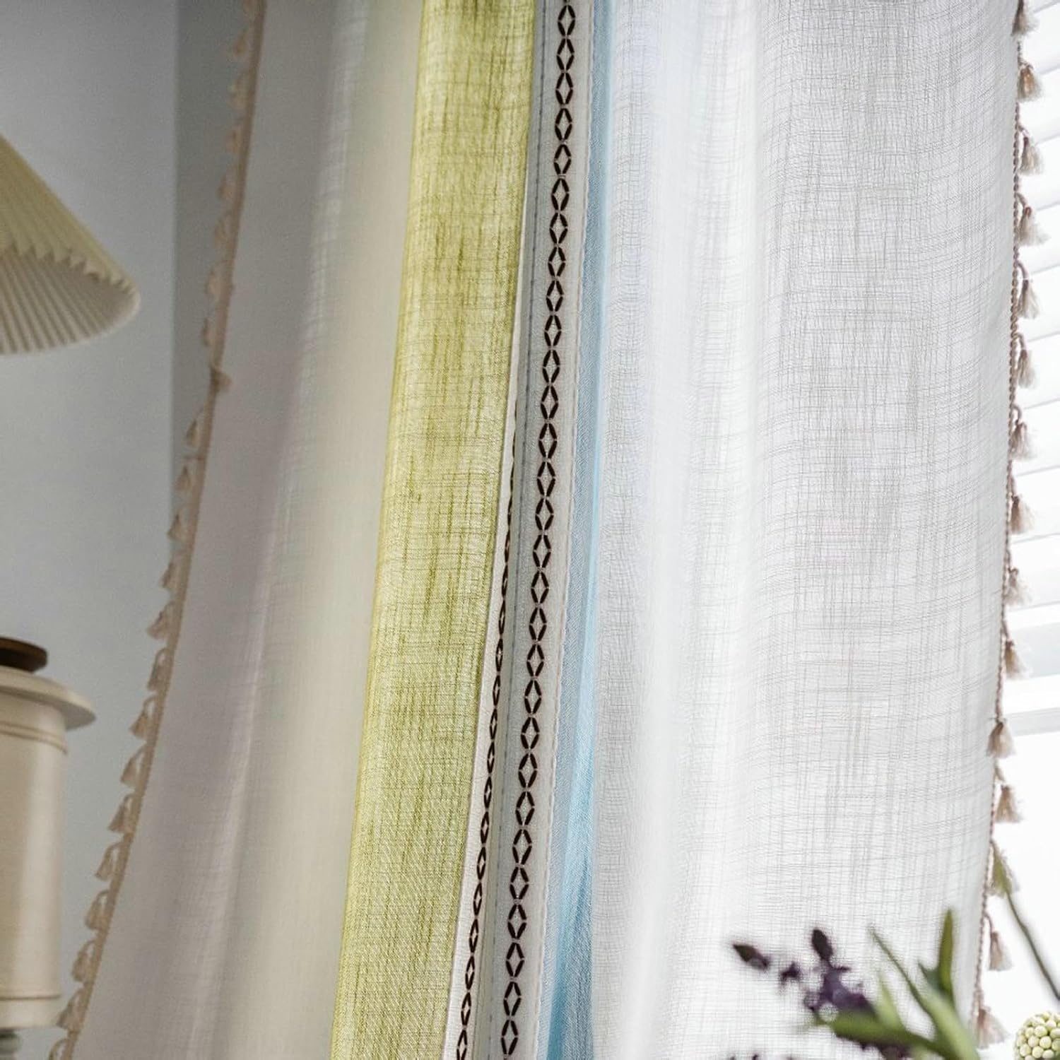 Daesar Semi Blackout Curtains for Living Room 2 Panels Set, Cotton Grommet Window Curtains 52" W x 36" H Drapes Striped Embroidered with Tassels Blue Green Blackout Curtains for Bedroom