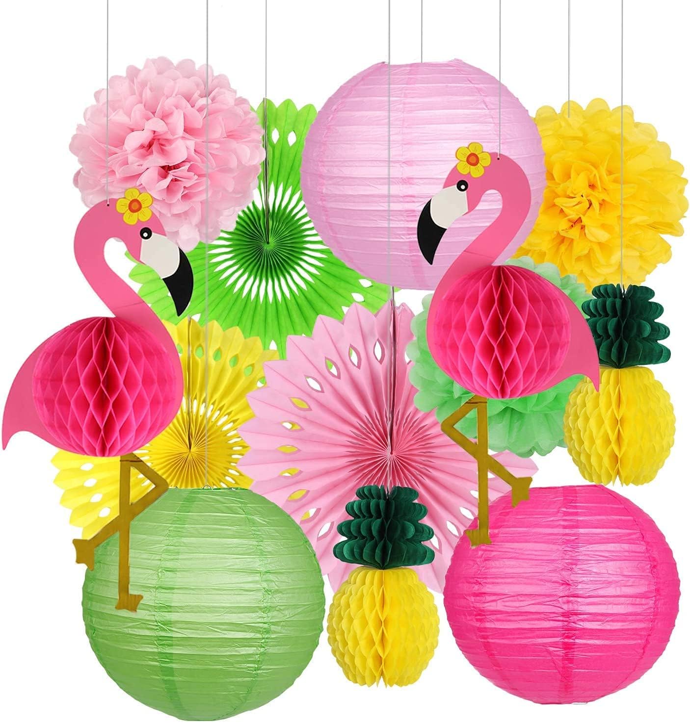 Flamingo Party Supplies, 13Pcs Hawaiian Party Decorations Flamingo Pineapple Honeycomb Ball Paper Lanterns Paper Fans Pom poms Flowers for Birthday Luau Tropical Bachelorette Party, Folding Lantern