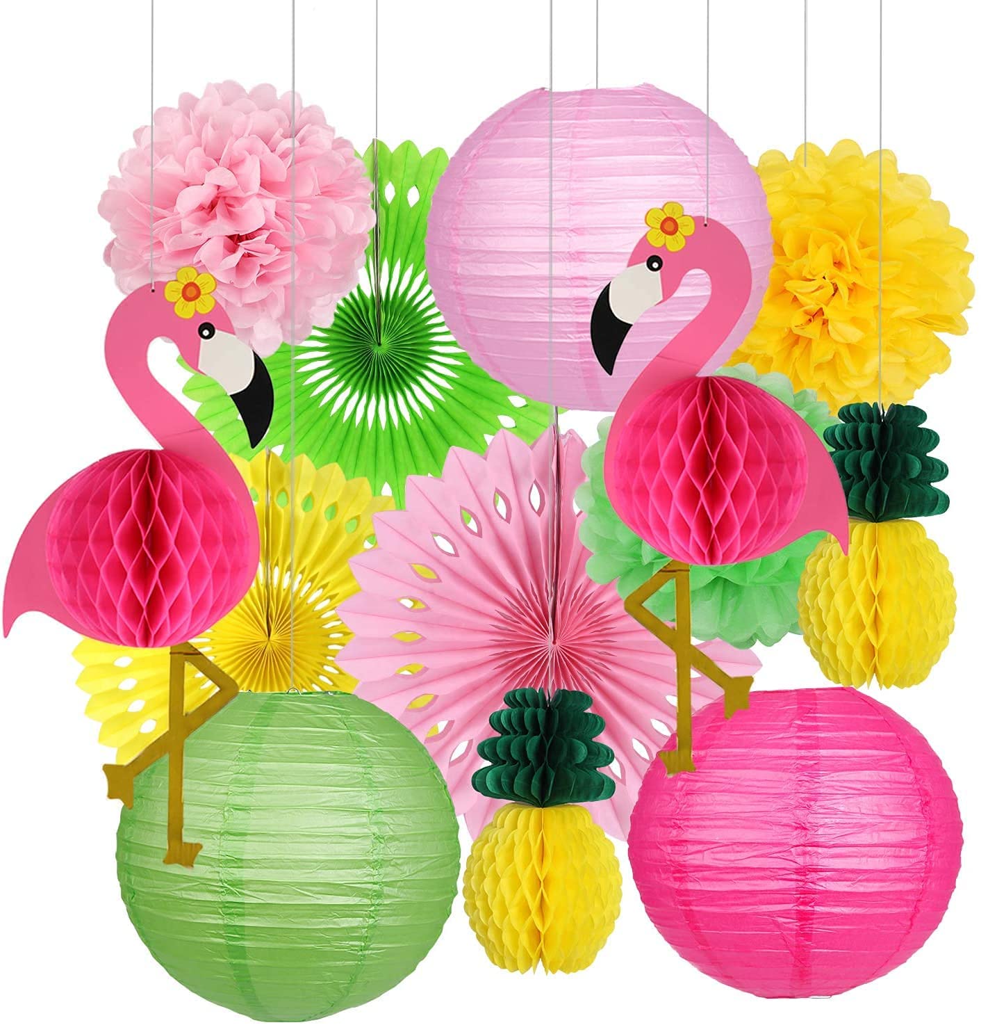 Flamingo Party Supplies, 13Pcs Hawaiian Party Decorations Flamingo Pineapple Honeycomb Ball Paper Lanterns Paper Fans Pom poms Flowers for Birthday Luau Tropical Bachelorette Party, Folding Lantern