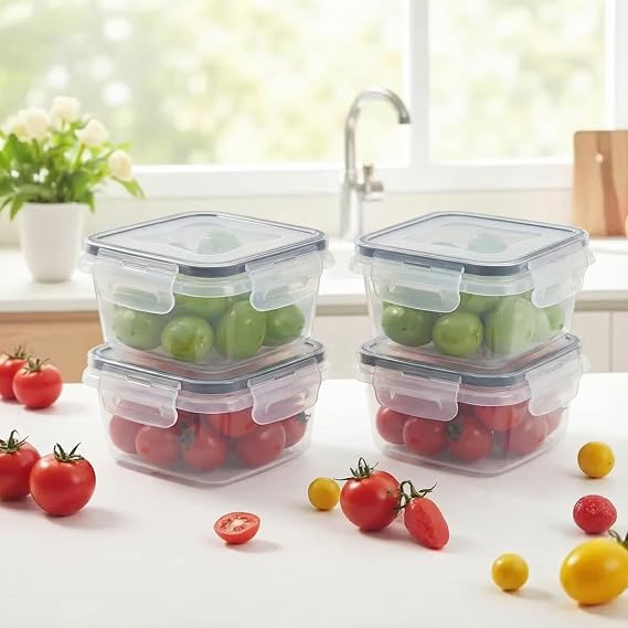 6 Pack 350ml Square Airtight Food Containers with Lids, Reusable Plastic Sealed Snack Pots with Clip Lock, Leak-proof Small Storage Container Set Stackable for Snack, Yoghurt, Fruit