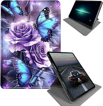 for 10.2" Kindle Scribe 2024/2022 Release & Kindle Signature Edition E-Reader Case-360 Rotating Folding Stand Protective Cover with Auto Sleep/Wake,Roses Blue Butterflies
