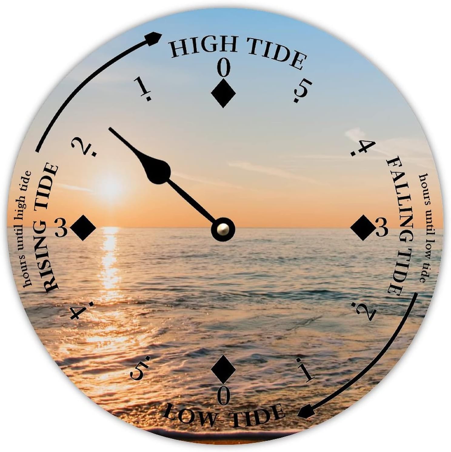 Round Wall Tide Clock Moon Tidal Clock Sunset Ocean Time Wood Clock Coastal Clock with High and Low Tide Hello Summer Decor for Beach House Deck Board Balcony