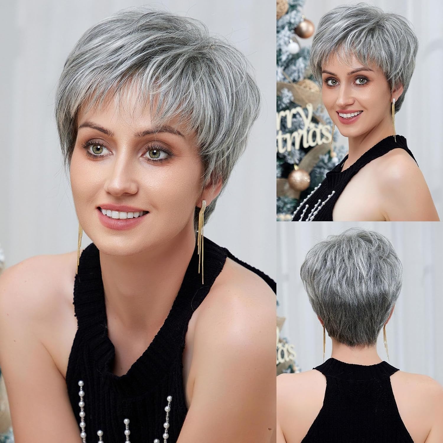 Silver Grey Mixed Dark Grey Short Human Hair Wig, Pixie Cut with Bangs, Breathable and Lightweight, Glue-Free, Natural Everyday Use
