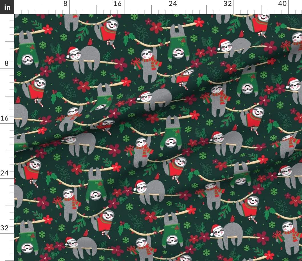 Spoonflower Fabric - Happy Sloth Christmas Holiday Floral Red Green Santa Animal Sloths Printed on Petal Signature Cotton Fabric by The Yard - Sewing Quilting Apparel Crafts Decor