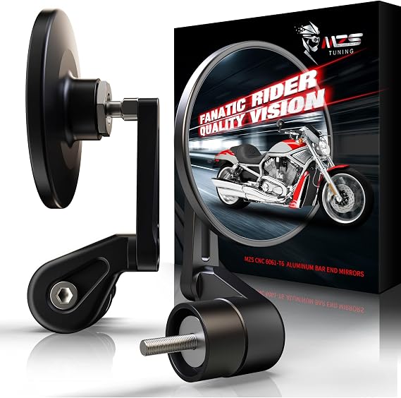 MZS Motorcycle Bar End Mirrors, Thread Handlebar Rear View Side Mirror Round Black Aluminium Compatible with YZF R1 R3 R6 FZ8 MT03 MT09 FJR1300 Grom Monkey CB300F CB500F CB500X CB650R