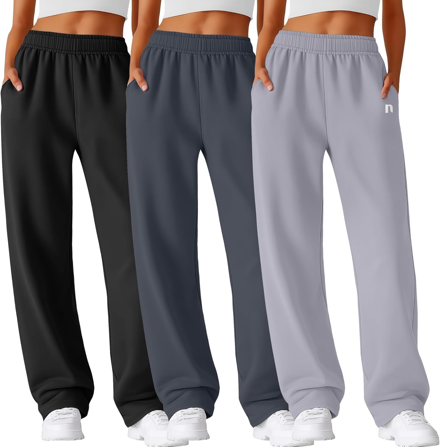Neer 3 Pack Womens Wide Leg Sweatpants Lounge Athletic Joggers Elastic Waist Baggy Straight Leg Long Pants with Pockets