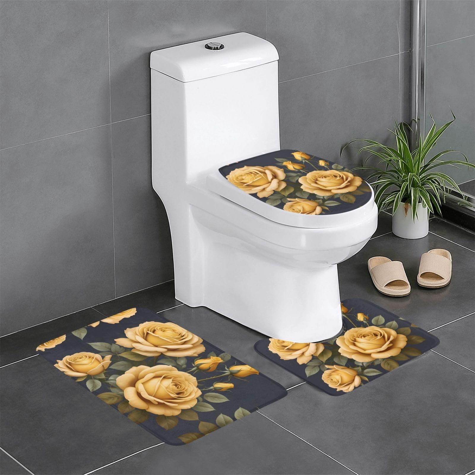 Lot de 3 tapis de bain roses jaunes avec contour WC ovale et rectangulaire